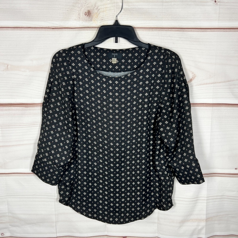 Tahari T Top Womens XS Black Floral Blouse Puff Sleeve Scoop Neck Woven Pullover